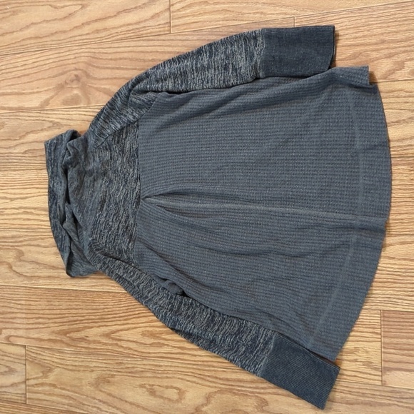 Cowl neck gray sweater w/ kangaroo pocket + waffle-knit back,Soft Surroundings L - Picture 3 of 5